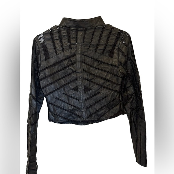 Blanc Noir Genuine Leather Moto Drop Jacket S Black Lace Sheer Panels - Picture 2 of 7